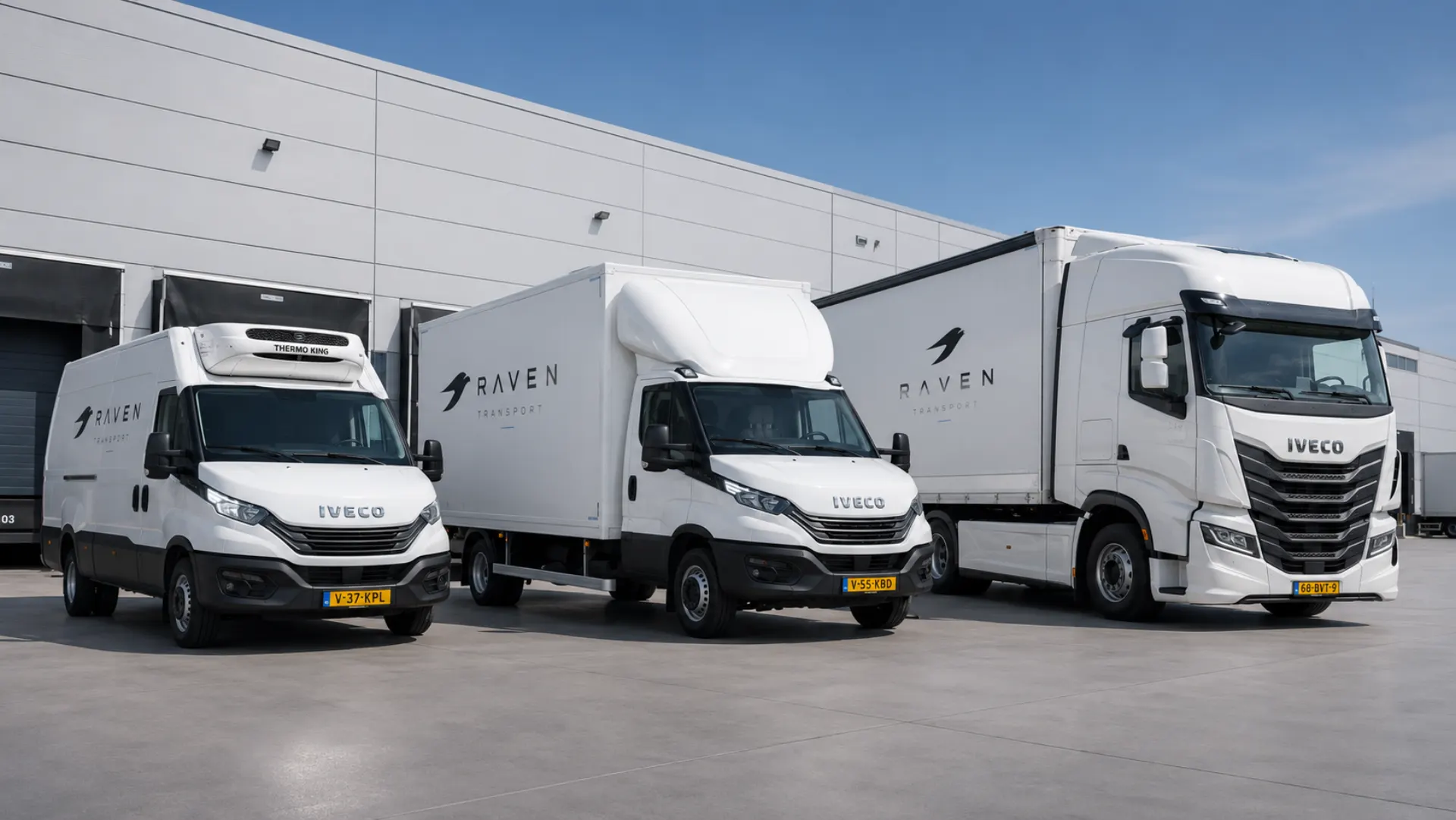 Raven Transport vloot van witte Iveco vrachtwagens voor distributiecentrum